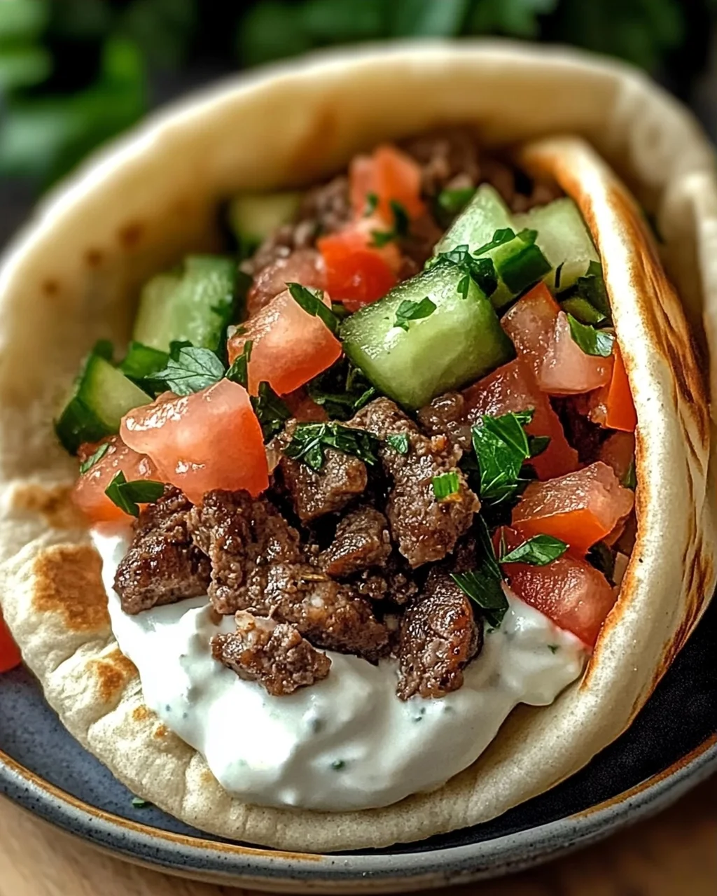 Griechische Rindfleisch gefüllte Pita mit Joghurt