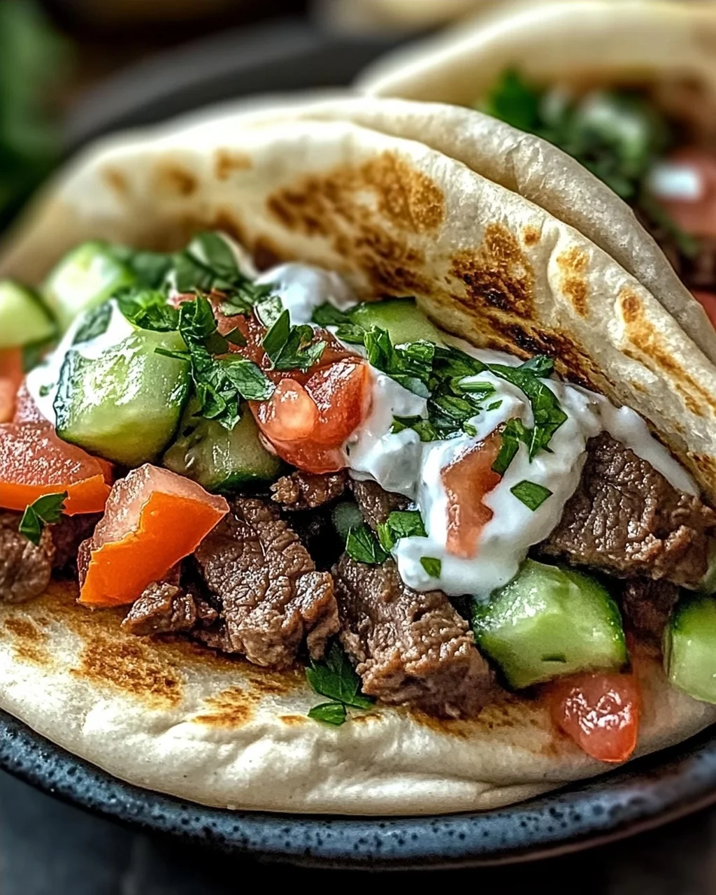 Griechische Rindfleisch gefüllte Pita mit Joghurt