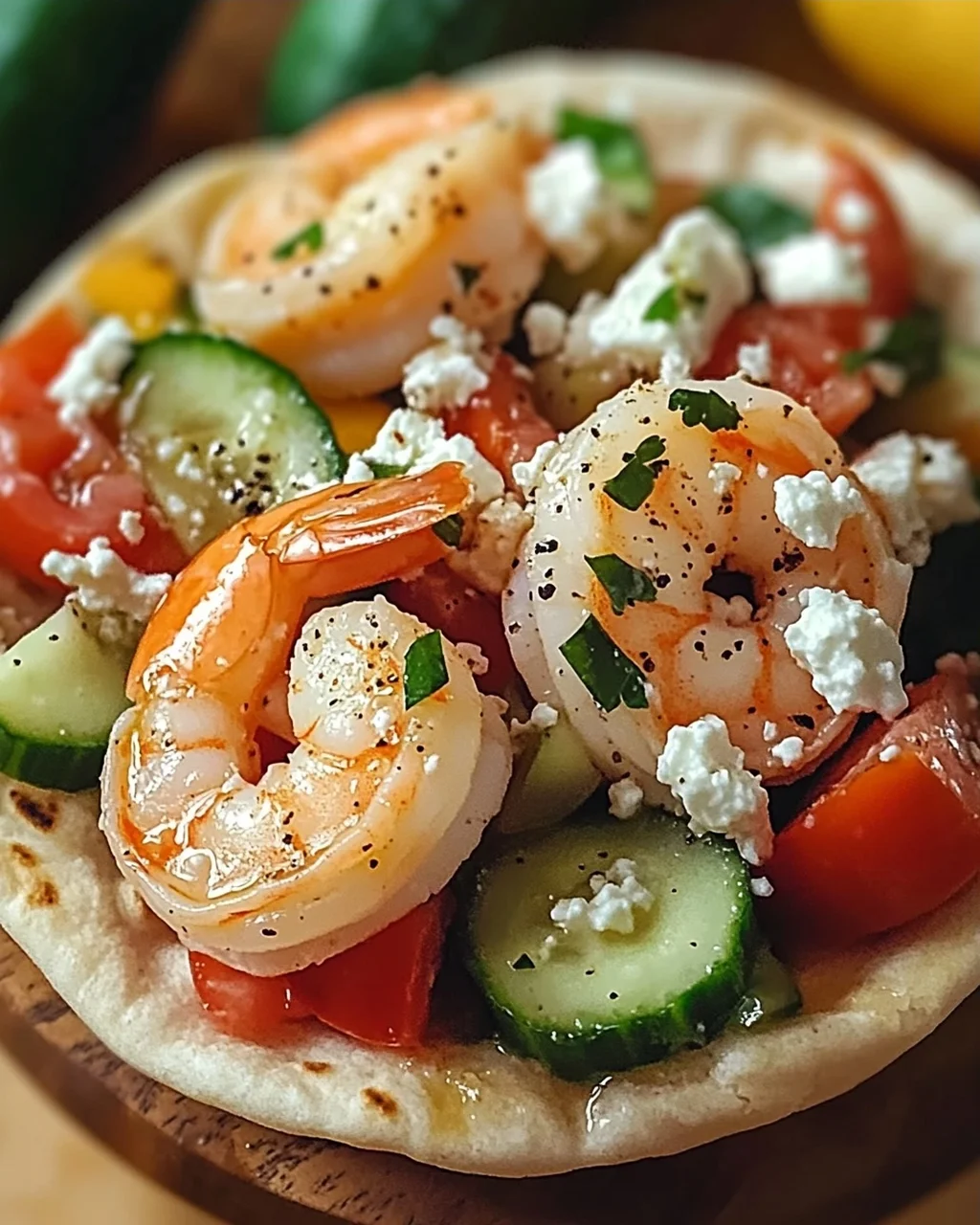 Griechische Salat Pita Taschen mit Garnelen schnell zubereitet