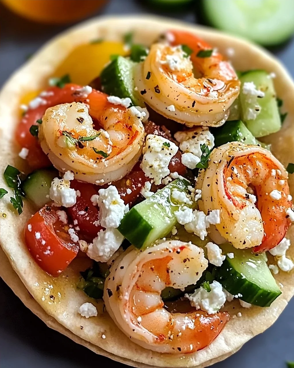 Griechische Salat Pita Taschen mit Garnelen schnell zubereitet
