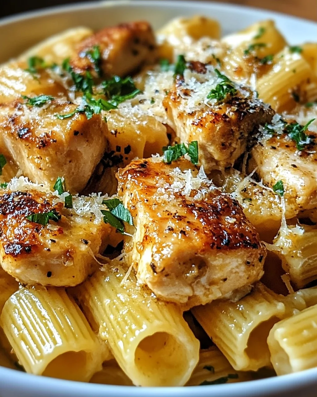 Knoblauchbutter-Hähnchen mit Rigatoni und Parmesan