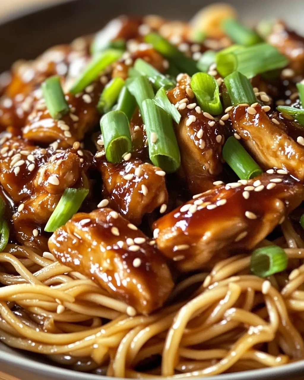 Leckere Hähnchen Teriyaki Nudeln mit Sesam & Frühlingszwiebeln