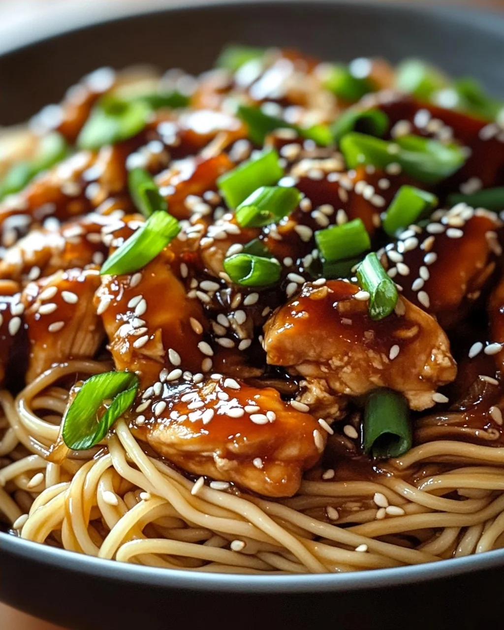 Leckere Hähnchen Teriyaki Nudeln mit Sesam & Frühlingszwiebeln