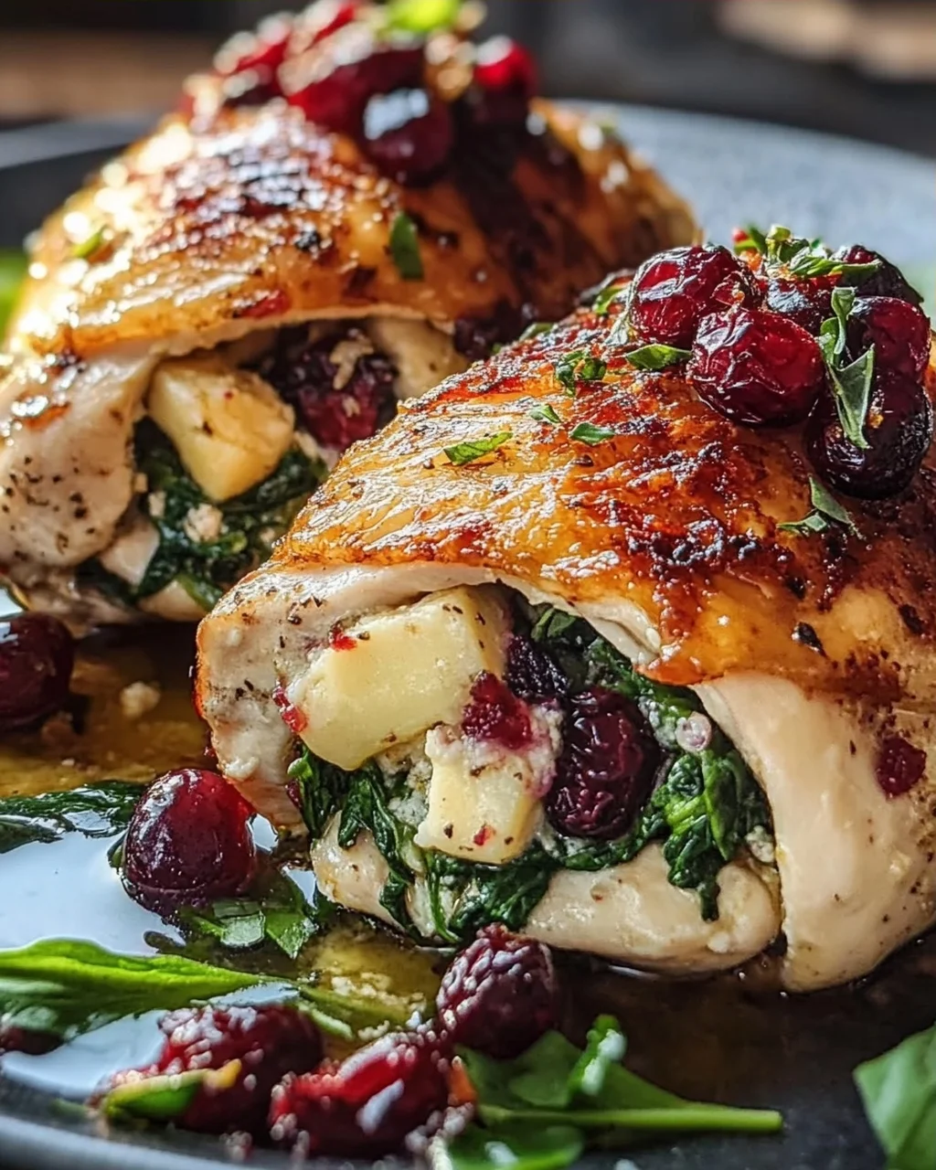 Leckeres gefülltes Hähnchen mit Brie, Spinat & Preiselbeere