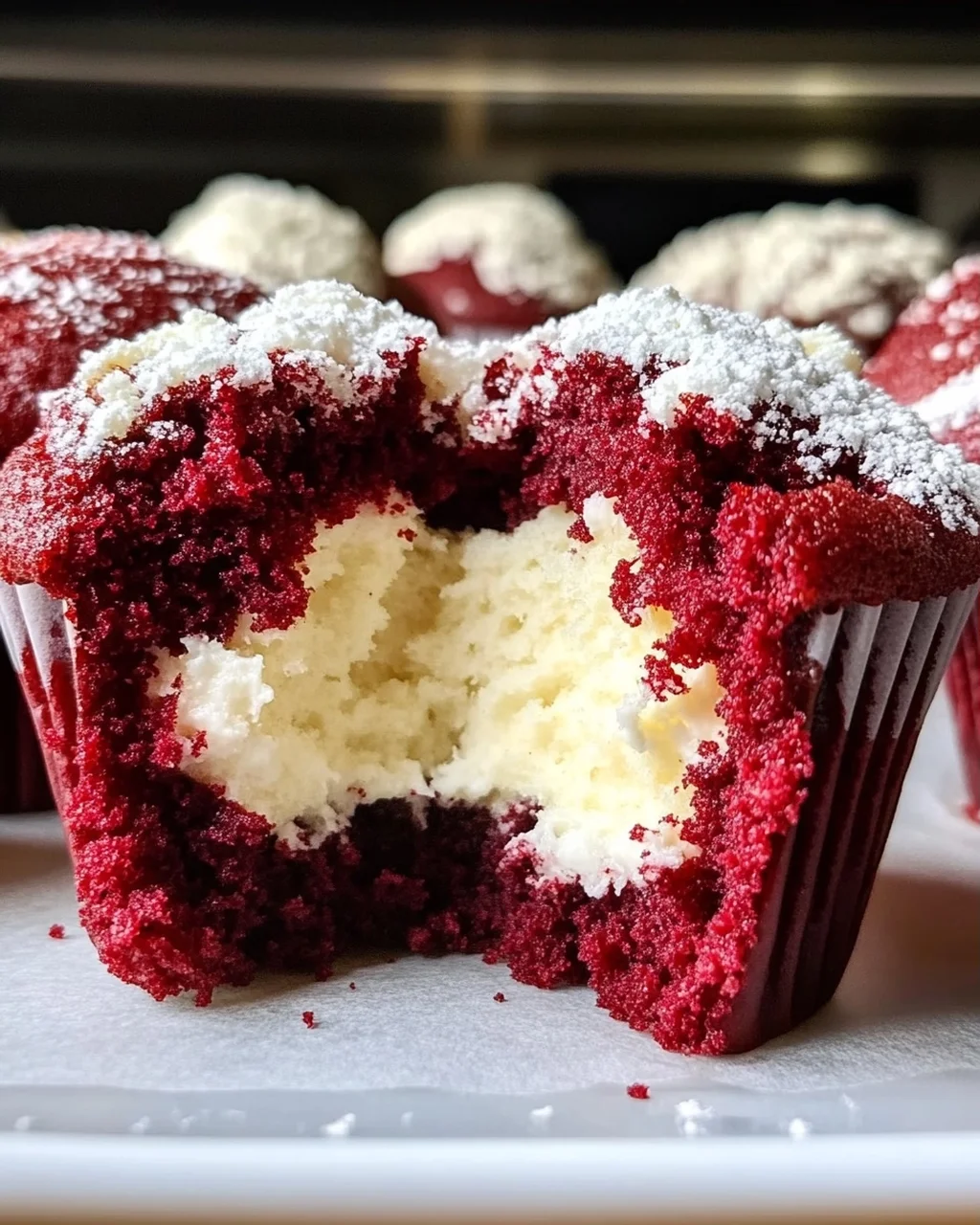 Rote Samtmuffins mit Frischkäsefüllung genießen