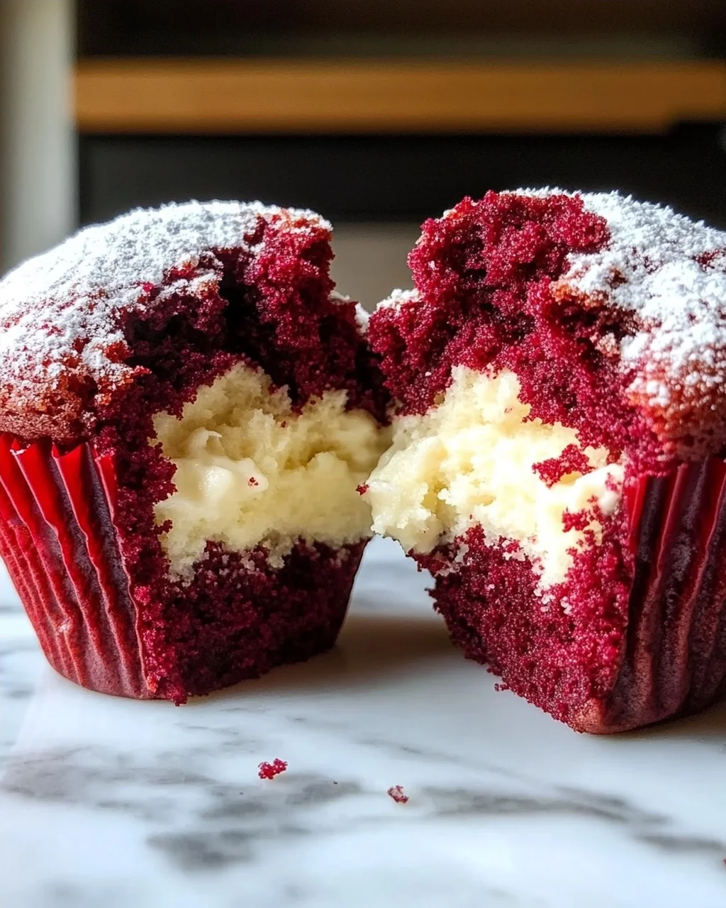 Rote Samtmuffins mit Frischkäsefüllung genießen