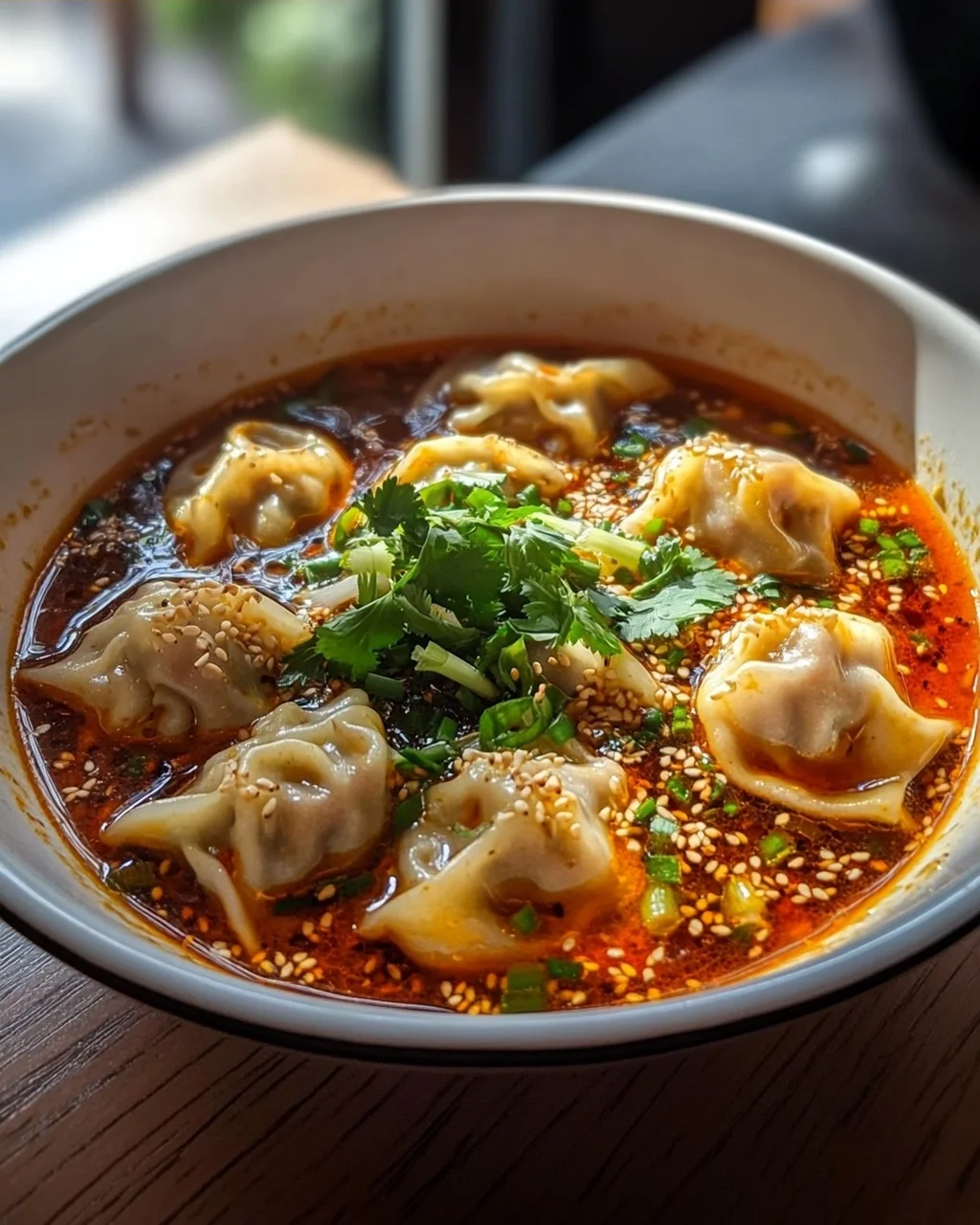 Scharfe Sichuan Wonton Suppe mit feuriger Chili-Knoblauch-Sauce