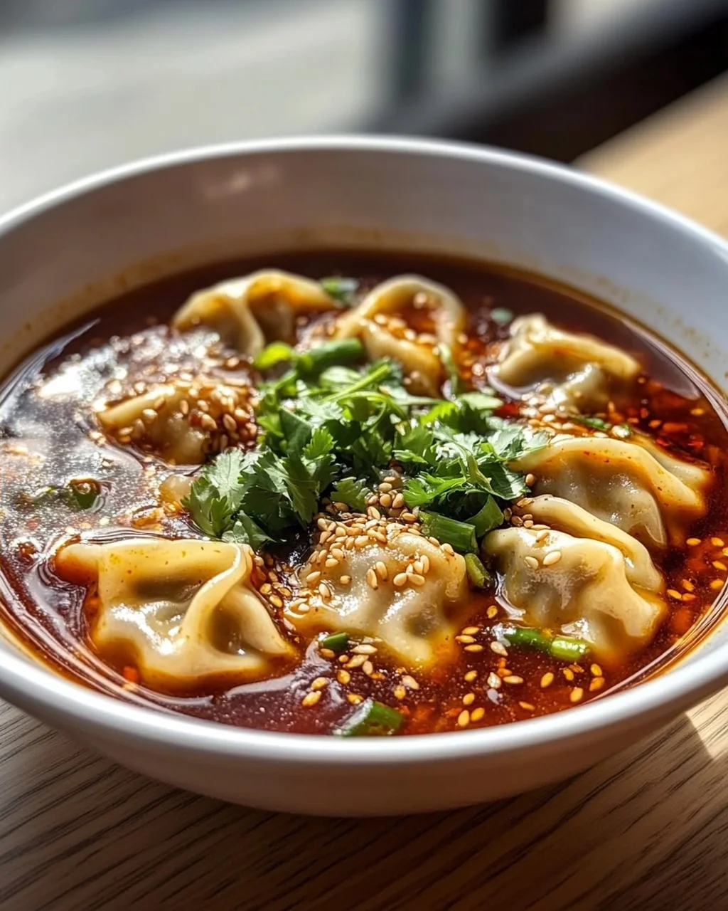 Scharfe Sichuan Wonton Suppe mit feuriger Chili-Knoblauch-Sauce
