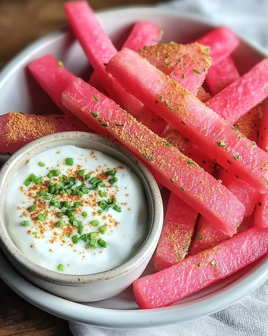 Scharfe Wassermelonen-Pommes mit Kokos-Limetten-Dip