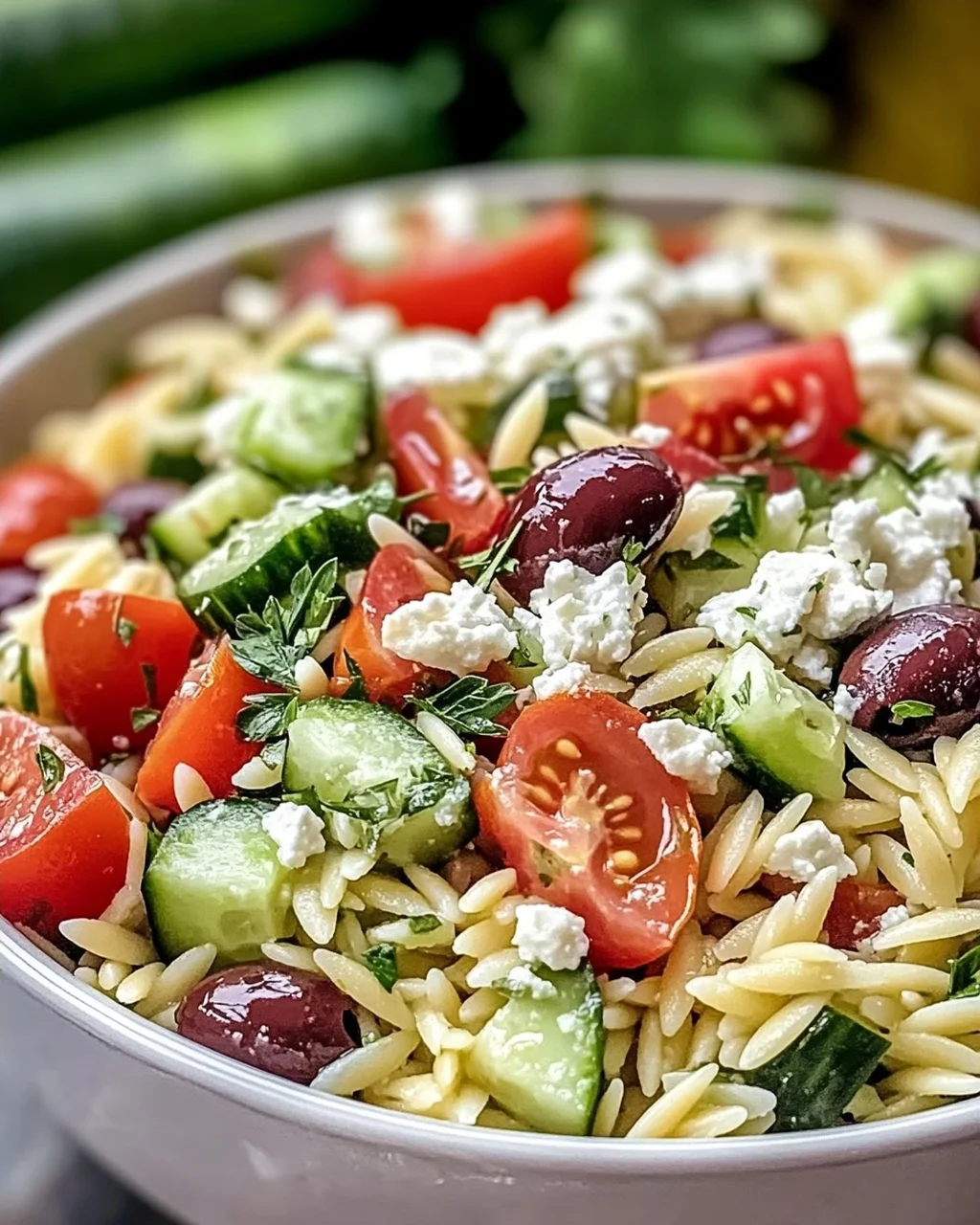 Schneller mediterraner Orzo-Pasta-Salat für heiße Tage