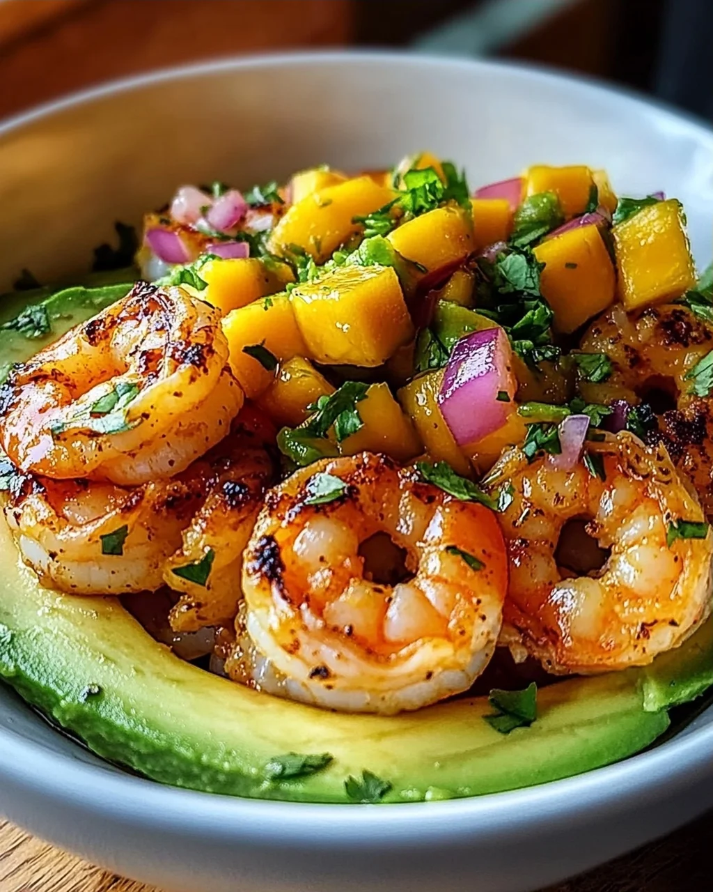 Shrimp-Avocado-Bowls mit Mango-Salsa und Limetten-Chili-Sauce