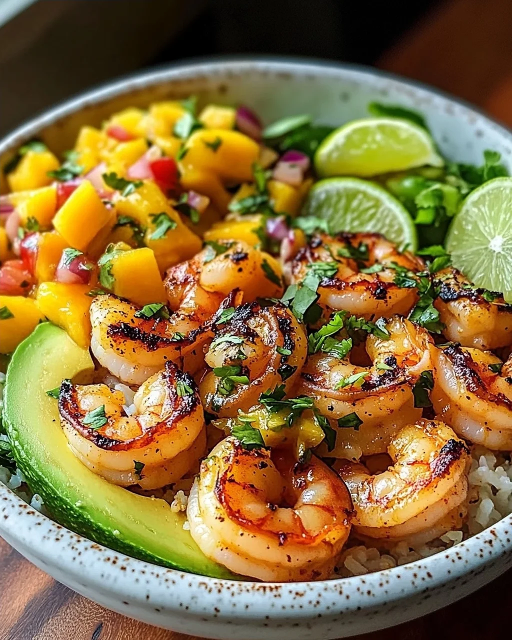 Shrimp-Avocado-Bowls mit Mango-Salsa und Limetten-Chili-Sauce