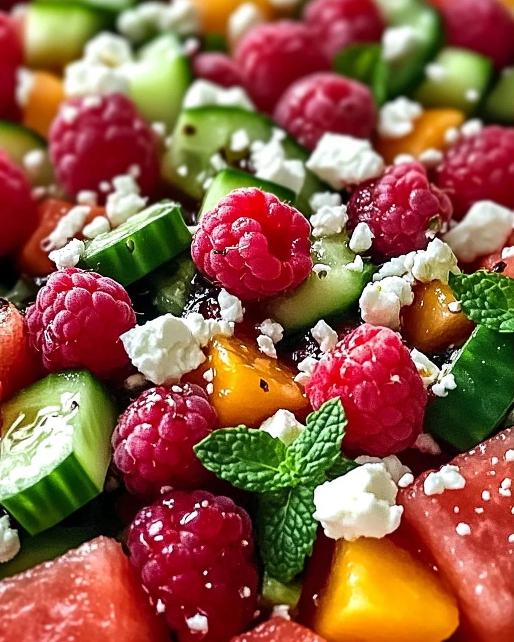 Sommersalat mit Melone, Gurke und Himbeeren