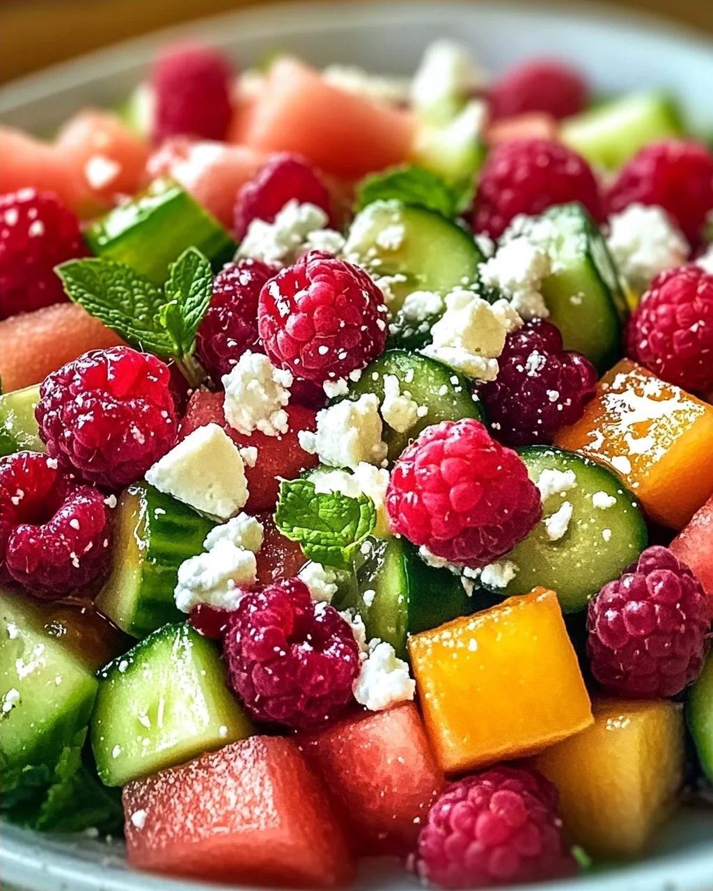 Sommersalat mit Melone, Gurke und Himbeeren