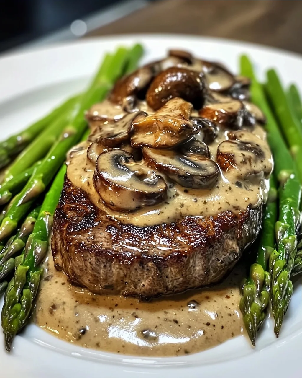 Steak mit cremiger Pilzsauce und Spargel genießen