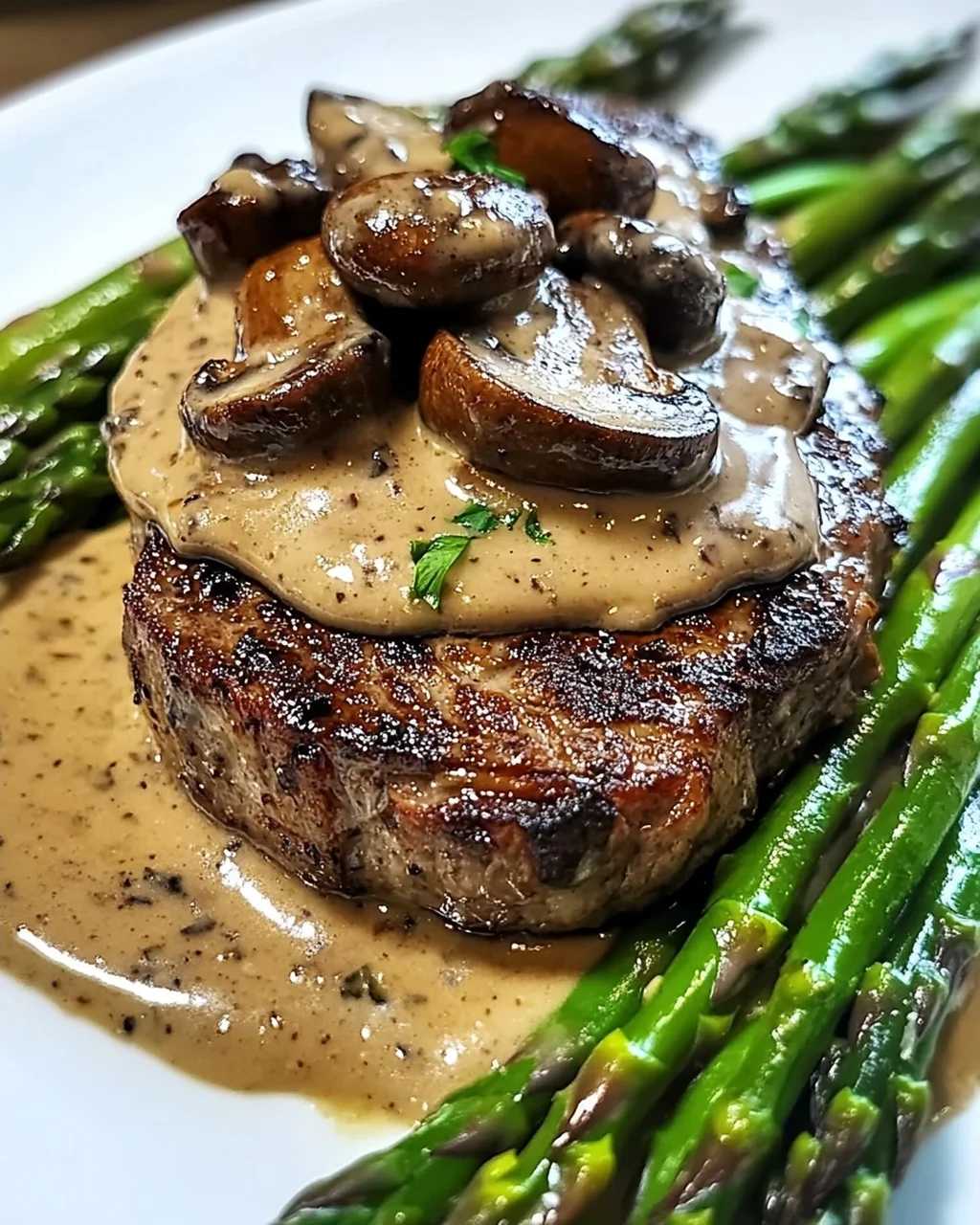 Steak mit cremiger Pilzsauce und Spargel genießen