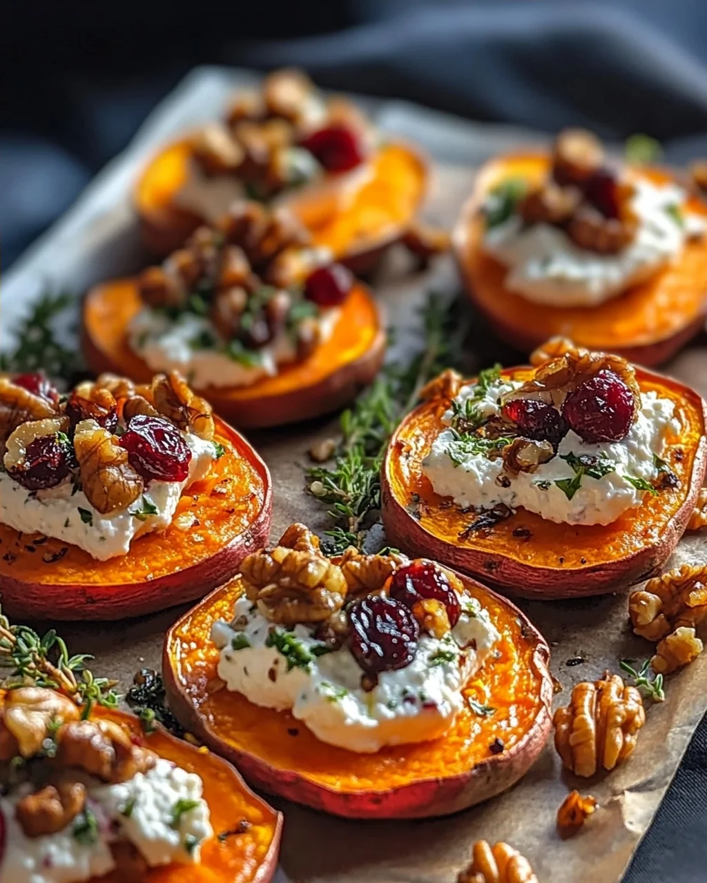 Unwiderstehliche Geröstete Süßkartoffel-Scheiben mit Ricotta und Walnüssen
