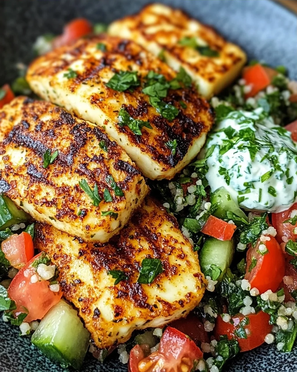 Würziger Halloumi mit Tabbouleh und Minzjoghurt