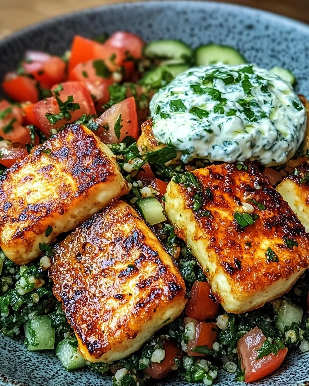 Würziger Halloumi mit Tabbouleh und Minzjoghurt