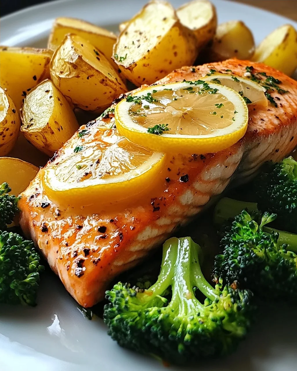 Zitronenbutterlachs mit knusprigen Kartoffeln und Brokkoli